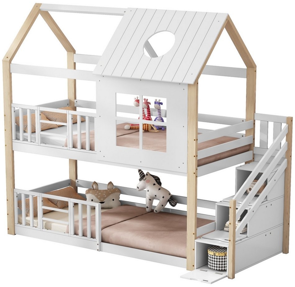 Flieks Etagenbett, Massivholz Hausbett Kinderbett 90x200cm mit Stauraumtreppe Bild 1