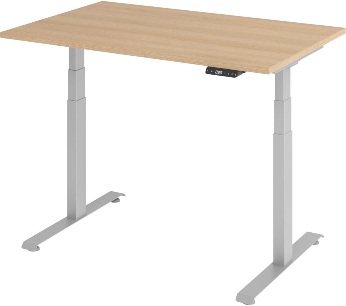 bümö höhenverstellbarer Schreibtisch 120x80 cm in Eiche, Gestell silber - Höhenverstellbar Elektrisch Stehpult mit 3-fach Speicher, Computertisch, Ergonomischer Steh-Sitz Tisch, Bürotisch, LXK65-12-E-S Bild 1