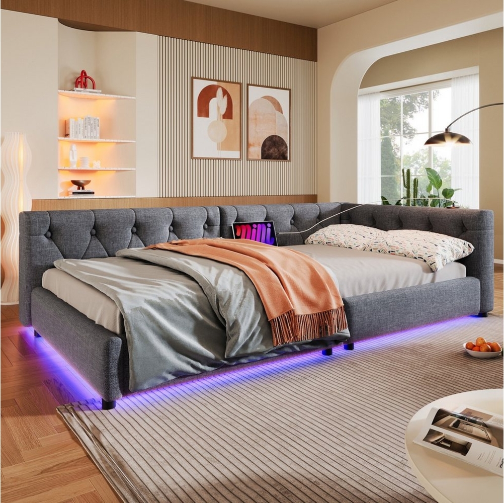 Merax Daybett (Tagesbett mit gepolstertem Kopfteil, 1 tlg), Polsterbett mit LED, USB & Typ-C, Schlafsofa aus Leinen, 90x200cm Bild 1