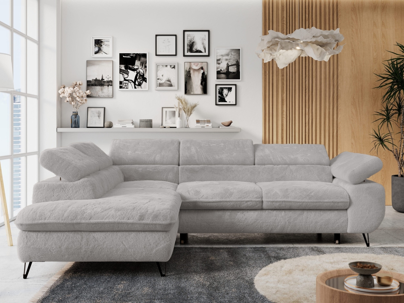 Ecksofa mit Bettfunktion, Modern Sofa, L-form, Einstellbare Kopfstützen, Bettkasten - PETER - Hellgrau Plüsch - Topper T25 - links Bild 1