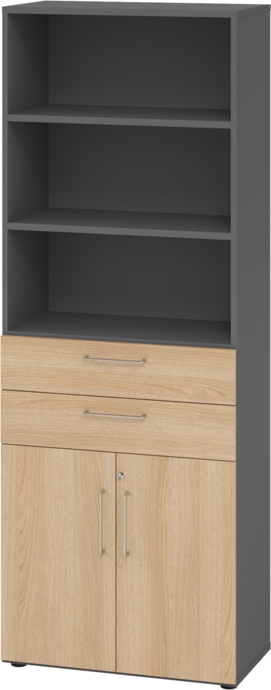 bümö Aktenregal & Schrank abschließbar, Büroschrank Regal & Schubladen Kombination Holz 80cm breit in Graphit/Eiche - Schrank für's Büro & Arbeitszimmer, Büro Möbel Ordnerschrank, 968K2-G-E-BS Bild 1