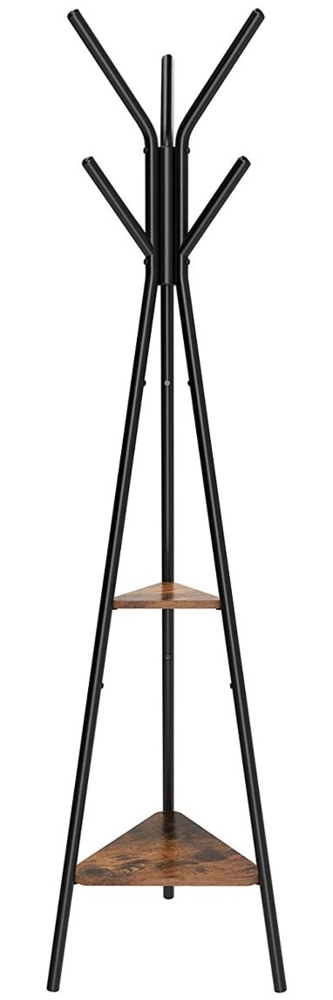 Vintage Garderobenständer in Baumform, Kleiderständer, freistehende Garderobe, im Industriedesign, mit 2 Ablagen, für Kleidung, Hüte, Taschen, schwarz + dunkelbraun, RCR16BX Bild 1
