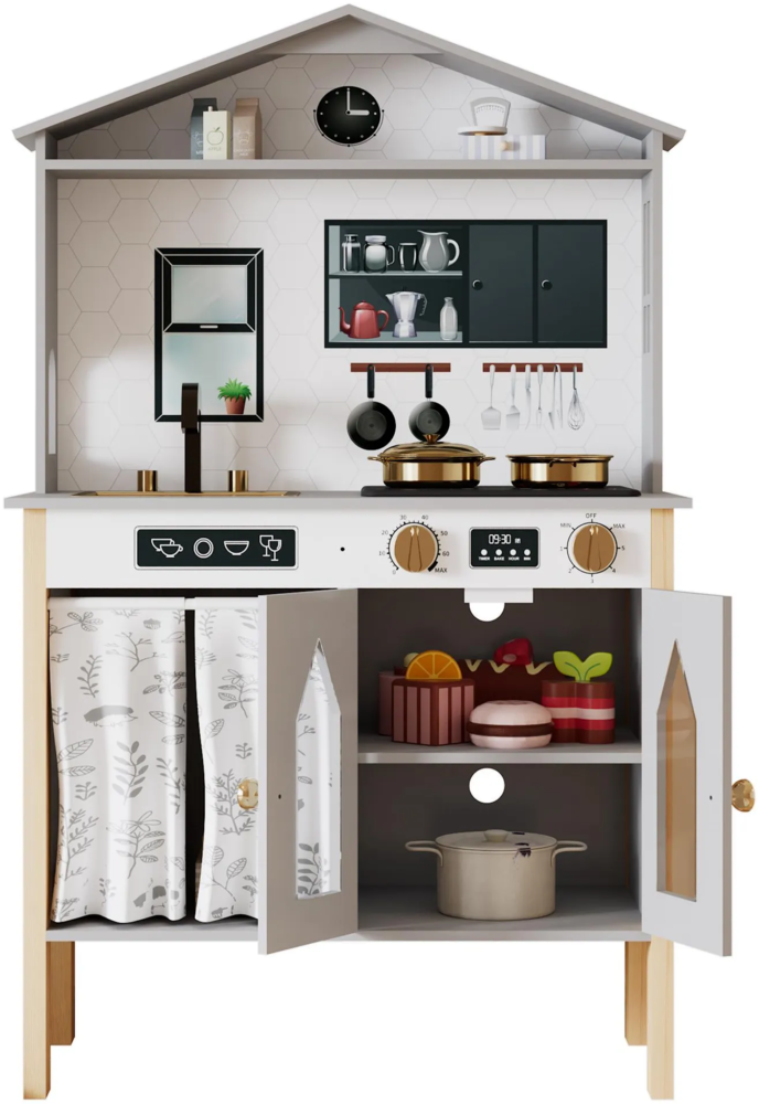 Kinderküche aus Holz mit Sound, Spielküche mit Zubehör, Herd, Spüle, Schrank, inkl. Kippschutz, Holzküche für Kinder ab 3 Jahren Bild 1