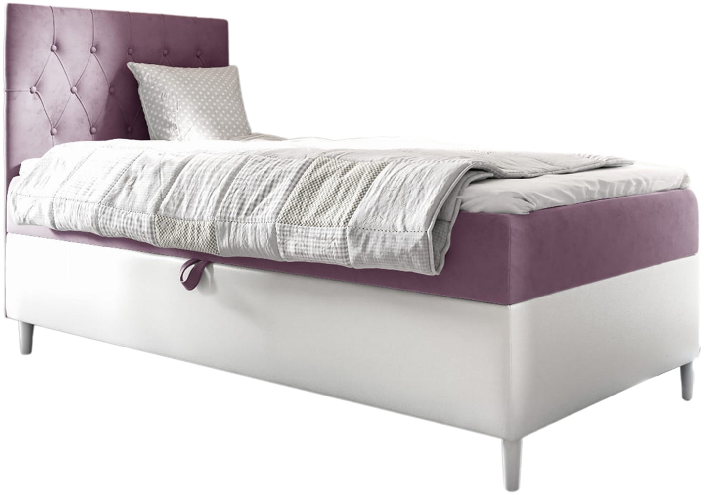 MEBLINI Kinderbett mit Bettkasten FILIPPO 1 90x200 Links – H3/Lila Samt Gepolstert Einzelbett mit Matratze - Polsterbett mit Stauraum - Bett mit Kopfteil – Stauraumbett Bild 1