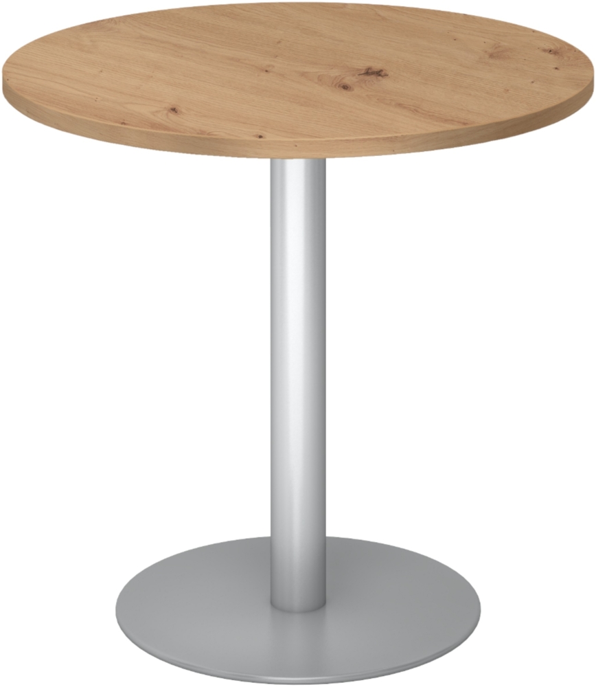 bümö Besprechungstisch, Esstisch klein, Tisch rund 80 cm - kleiner Esstisch Asteiche, Rundtisch Esstisch 2 Personen mit Holz-Platte, Säule aus Metall in silber, Konferenztisch, Bistrotisch, STF08-R-S Bild 1