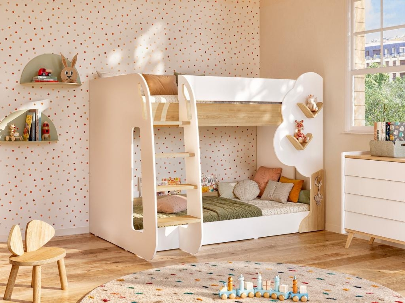 Vente-unique - Etagenbett - 2 x 90 x 190 cm - Weiß & Holzfarben + Matratze - PILATI Bild 1
