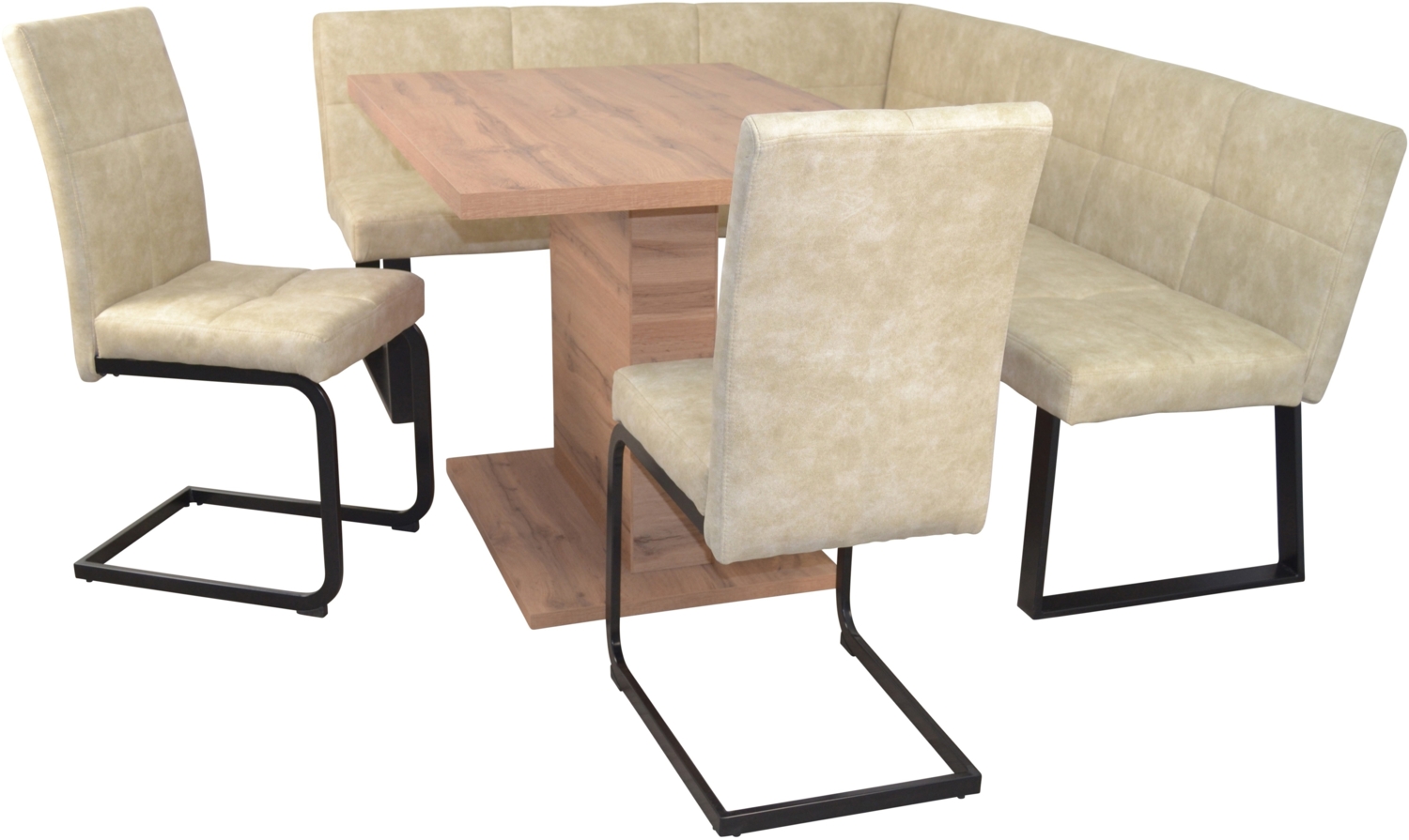 Trendige Eckbankgruppe Schenkel 150x190 cm, Säulentisch fix, Stoffbezug Vintage creme Bild 1