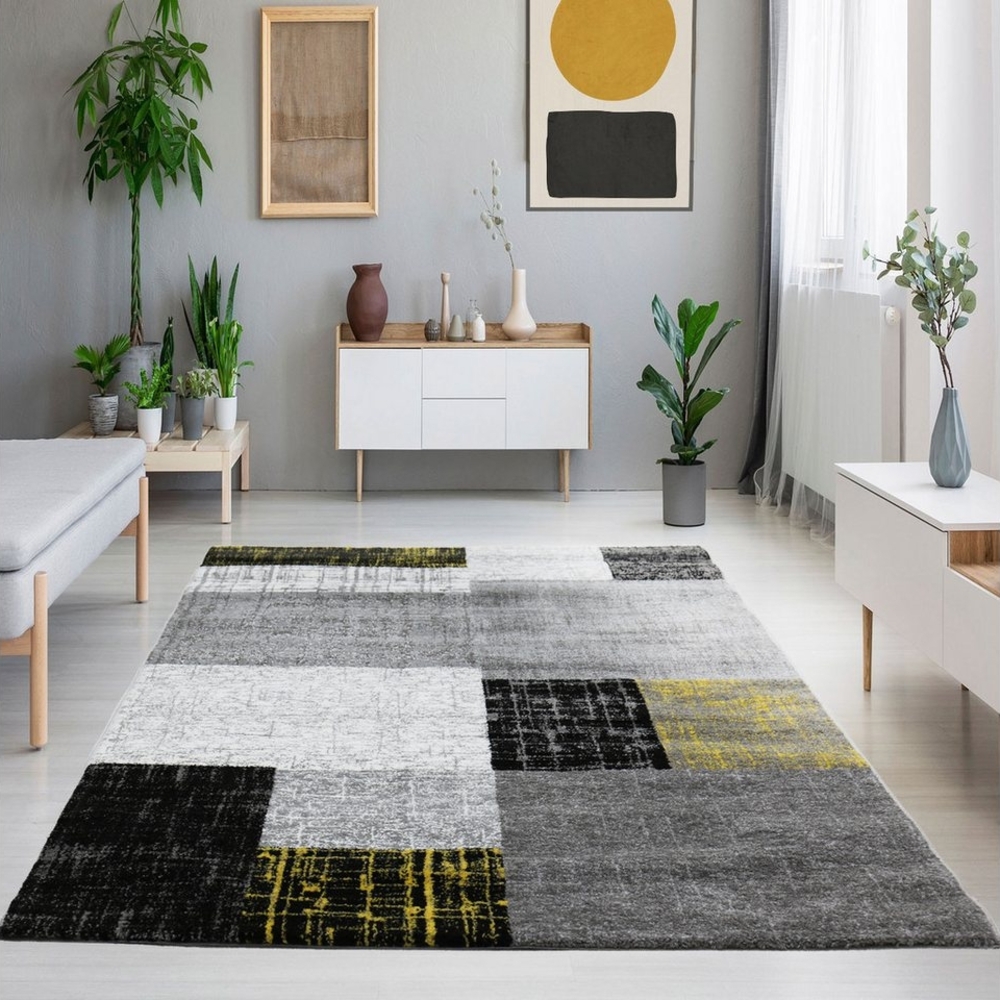 Vimoda Teppich Wohnzimmer Klassisch Karo- kariert Design, Rechteckig, Höhe: 5 mm, Läufer Kachel Optik in Türkis Grau Gelb & Lila Teppich Schlafzimmer Bild 1