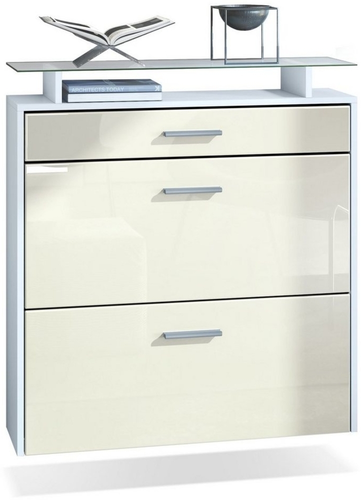 Vladon Schuhschrank Malea, hängender Schuhkipper für 16 Paar Schuhe mit 2 Klappen und 1 Schublade und Glasablage, Weiß matt/Creme Hochglanz (89 x 96 x 23 cm) Bild 1