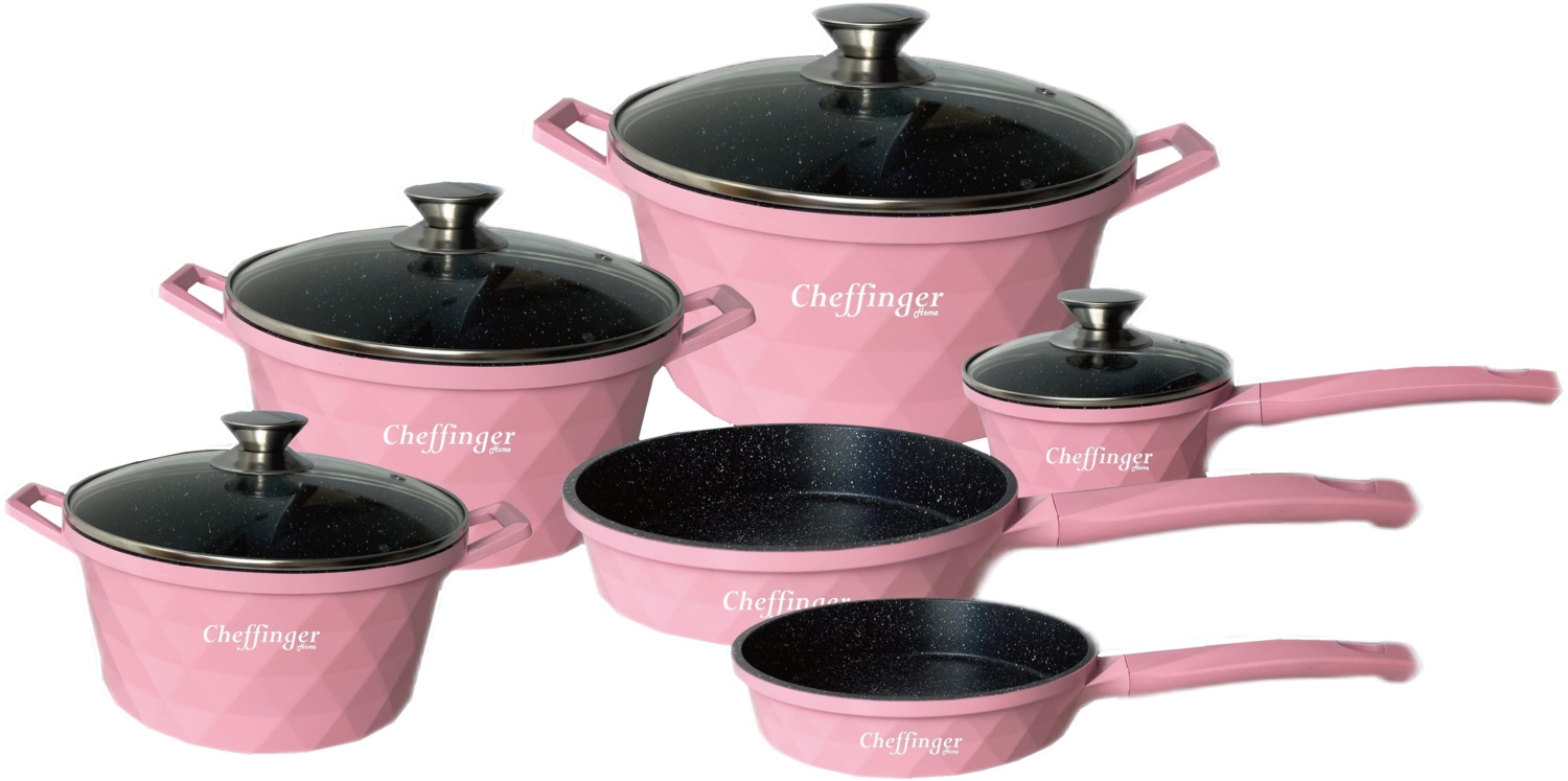 12-Teilig Kochtopf Set Induktion Kochtöpfe Diamant Topf Induktion Alu Guss Töpfe Deckel Handschuhe Pink Bild 1