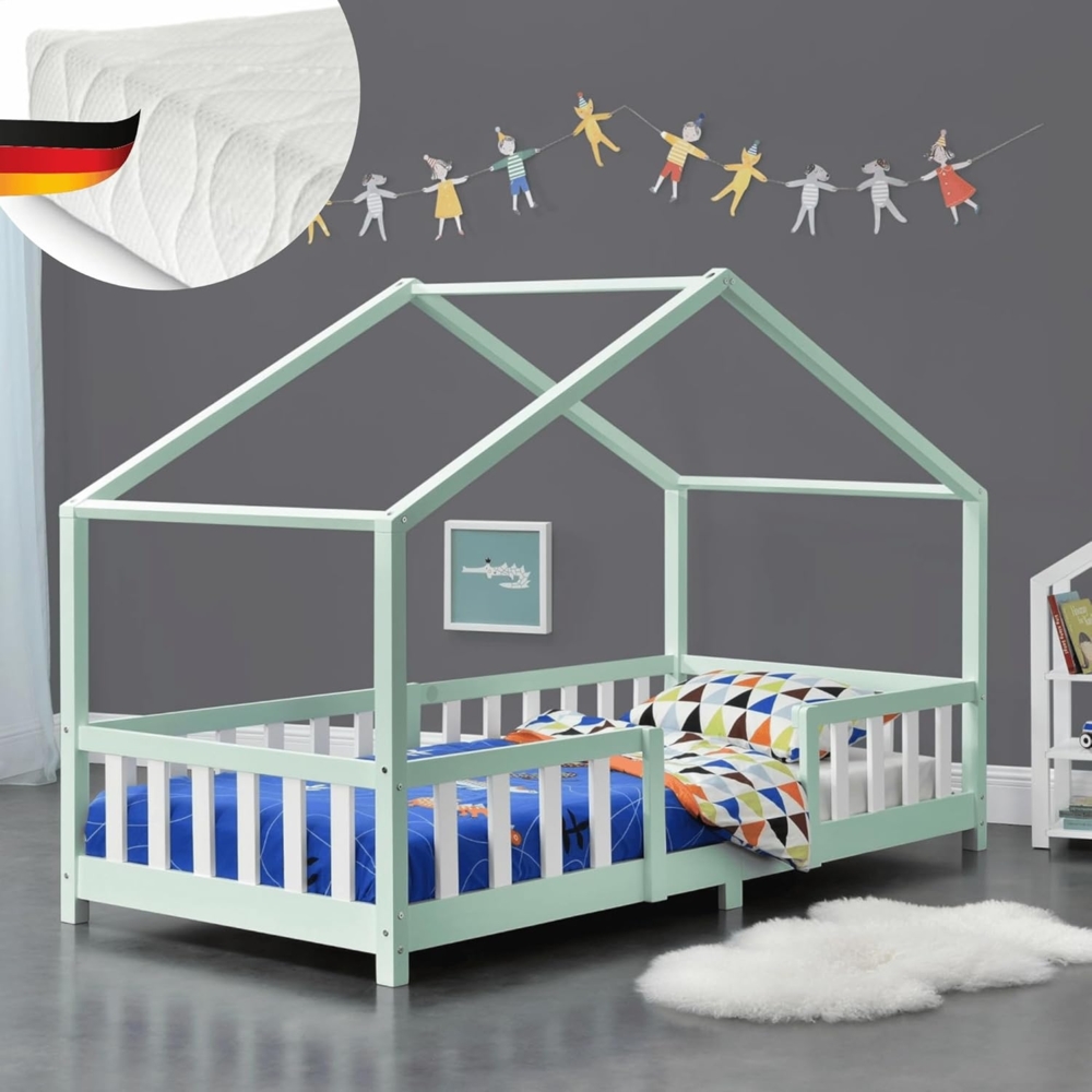 DELUKE® Kinderbett 90x200 cm MILA - mit Matratze Lattenrost Rausfallschutz Hausbett Kinder Haus Bett Kinderzimmer Bodenbett Einzelbett Kinder Bett Klein Kinderbett Montessori Bett Mint Bild 1