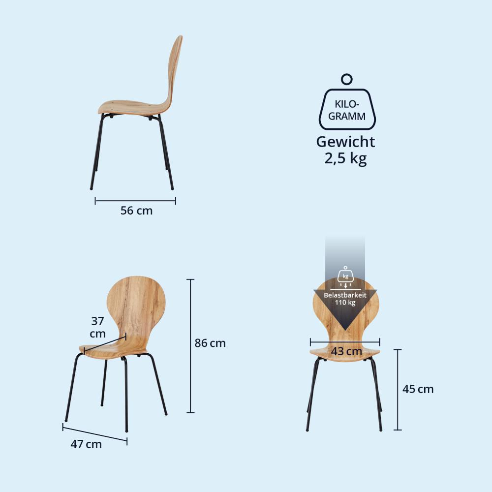 KHG 4er Set Stapelstühle Esszimmerstuhl Stuhl aus Schichtholz mit Eiche-Dekor - Sitzhöhe 45 cm, Stuhlbeine aus Metall - stapelbar auch für Gastronomie geeignet Bild 1