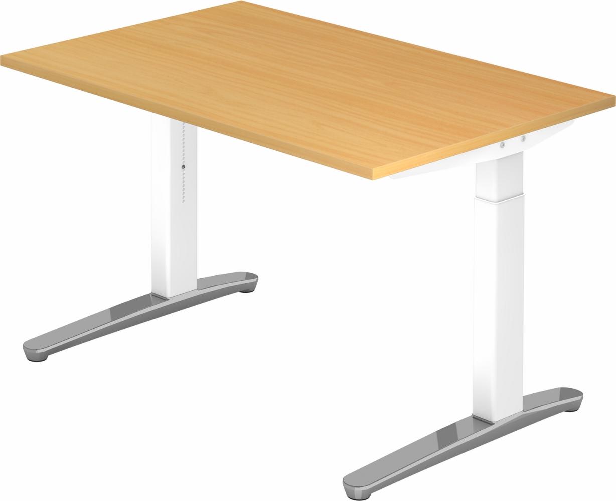 bümö® Design Schreibtisch XB-Serie höhenverstellbar, Tischplatte 120 x 80 cm in Buche, Gestell in weiß/alu poliert Bild 1