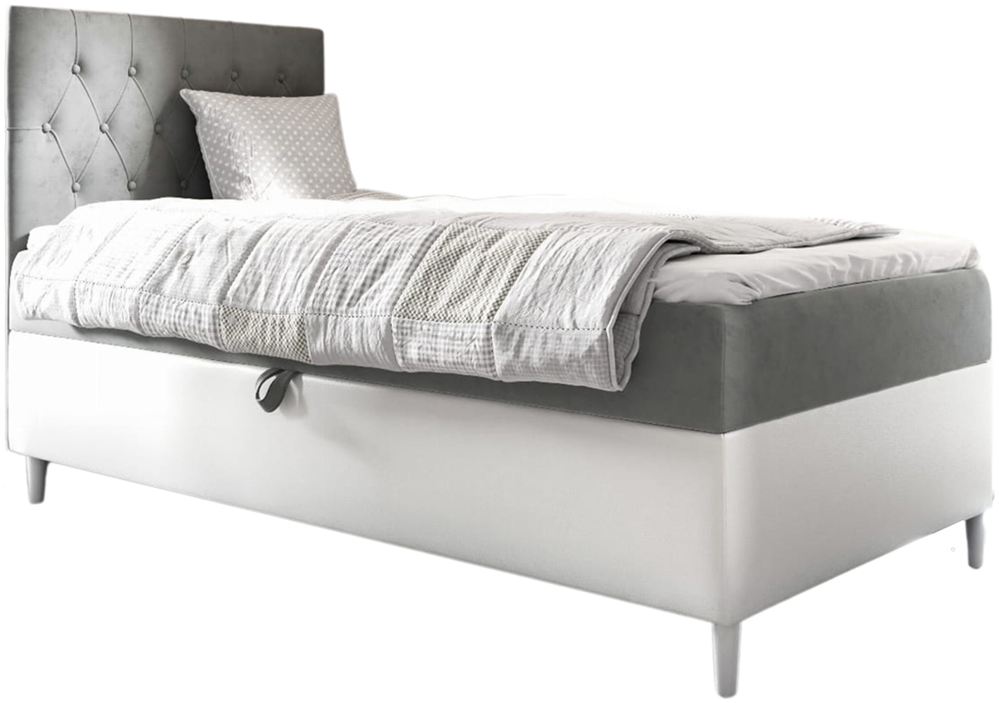 MEBLINI Kinderbett mit Bettkasten FILIPPO 1 90x200 Links – H3/Grau Samt Gepolstert Einzelbett mit Matratze - Polsterbett mit Stauraum - Bett mit Kopfteil – Stauraumbett Bild 1