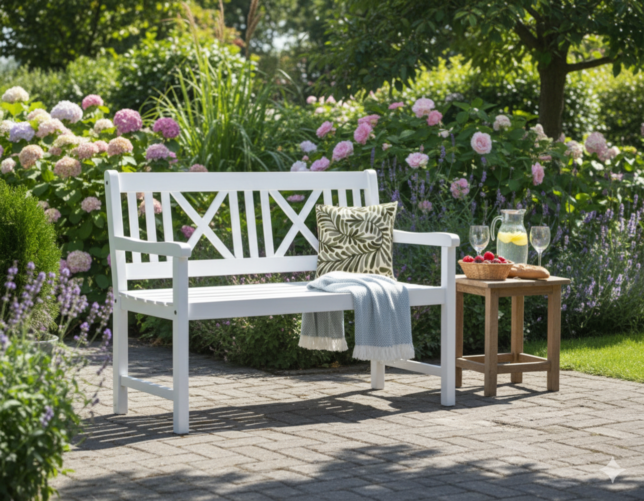 Garden Pleasure 'MALMÖ' Bank, 2-Sitzer, Holz Eukalyptus Weiß, 59 × 120 × 89 cm Bild 1