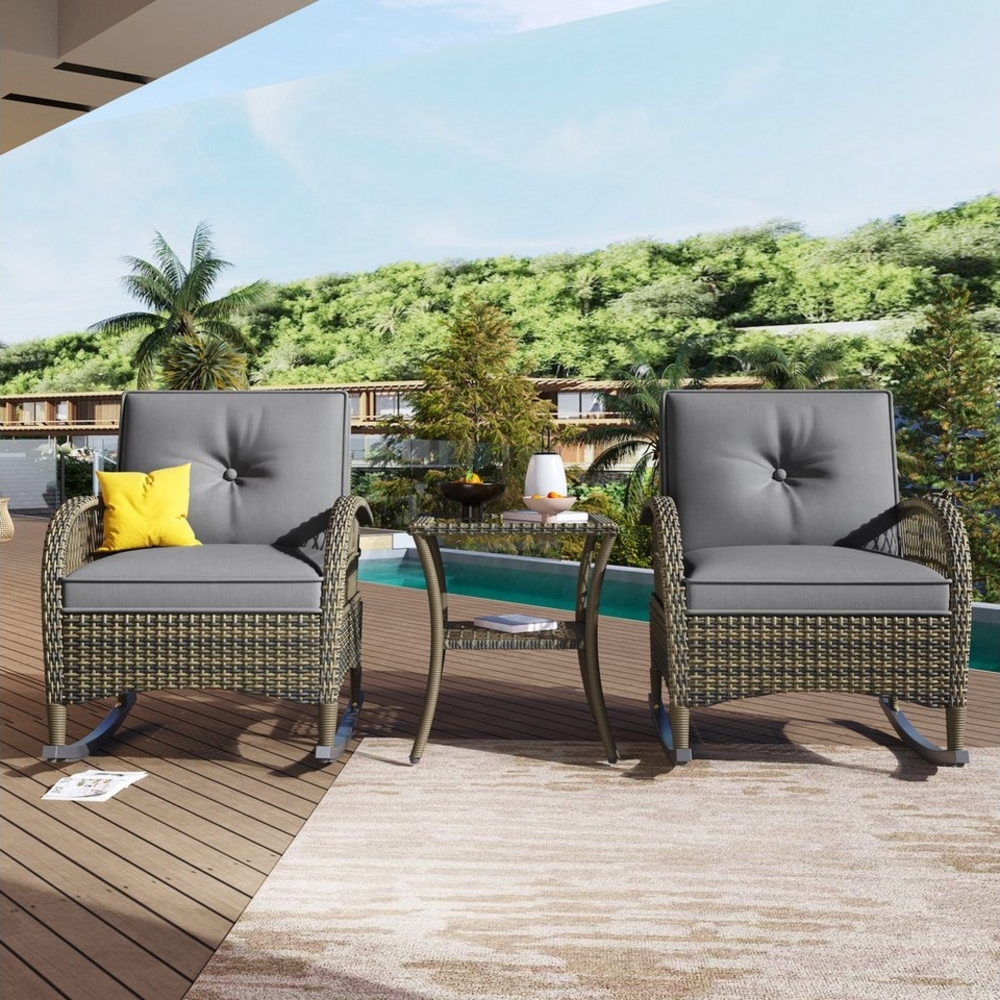 Ulife Balkonset Rattan Balkonmöbel Set für 2 Personen, Akazienplatte mit grauen Kissen, (3-tlg), Zwei Schaukelstühle mit sanfter Wippfunktion Bild 1