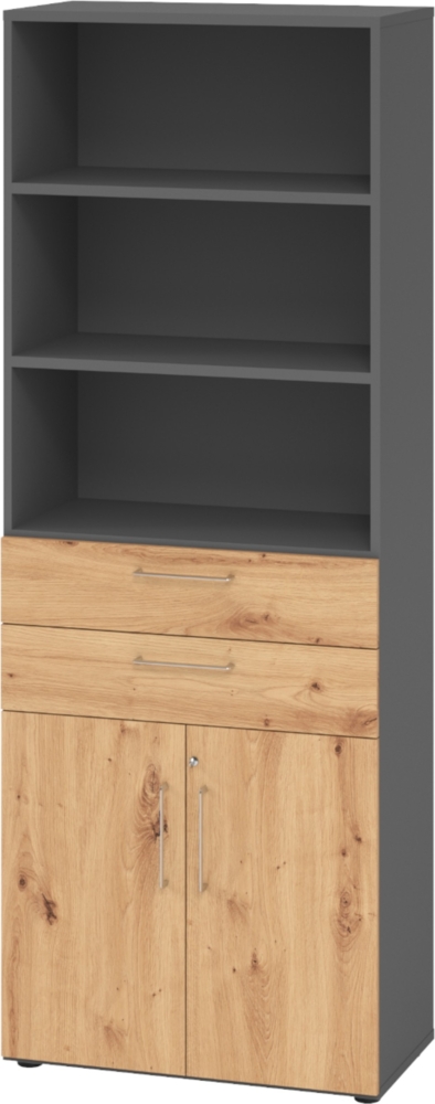 bümö Aktenregal & Schrank abschließbar, Büroschrank Regal & Schubladen Kombination Holz 80cm breit in Graphit/Asteiche - Schrank für's Büro & Arbeitszimmer, Büro Möbel Ordnerschrank, 968K2-G-R-BS Bild 1