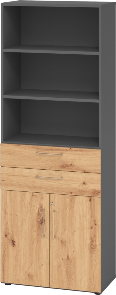 bümö Aktenregal & Schrank abschließbar, Büroschrank Regal & Schubladen Kombination Holz 80cm breit in Graphit/Asteiche - Schrank für's Büro & Arbeitszimmer, Büro Möbel Ordnerschrank, 968K2-G-R-BS Bild 1