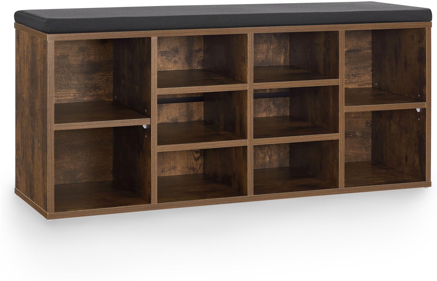 Juskys Schuhregal Holz mit Polsterung, Stoff & 10 Fächern höhenverstellbar 104x30x48 cm - Regal mit Sitzbank bis 150 kg – Antik-Braun / Schwarz Bild 1