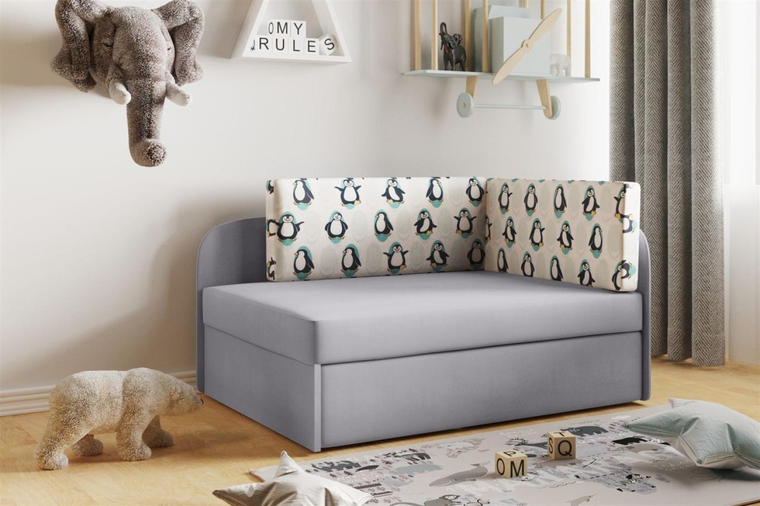 Sofa Kindersofa Schlafsofa inkl. Bettkasten MAILO Seite Links Stoff Grau-Pinguine Bild 1