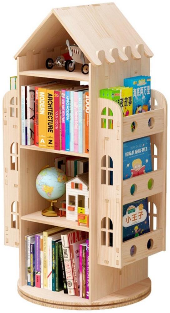 NUODWELL Bücherregal Drehbares Bücherregal 360 Grad, multifunktionale Standregal Massivholz, Bücherregal für Kinder, Drehbares 4 offenen Fächern, 2 Seiten Ablage Bild 1