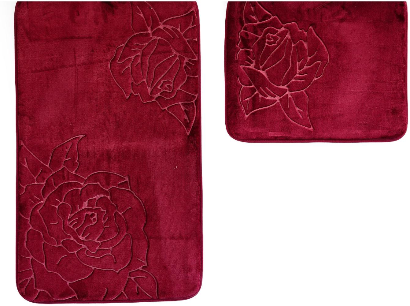 Almina Premium 2 teiliges Bademattenset aus Polyester Rutschfest Waschbar mit Rosenmotiv Bordeaux Bild 1