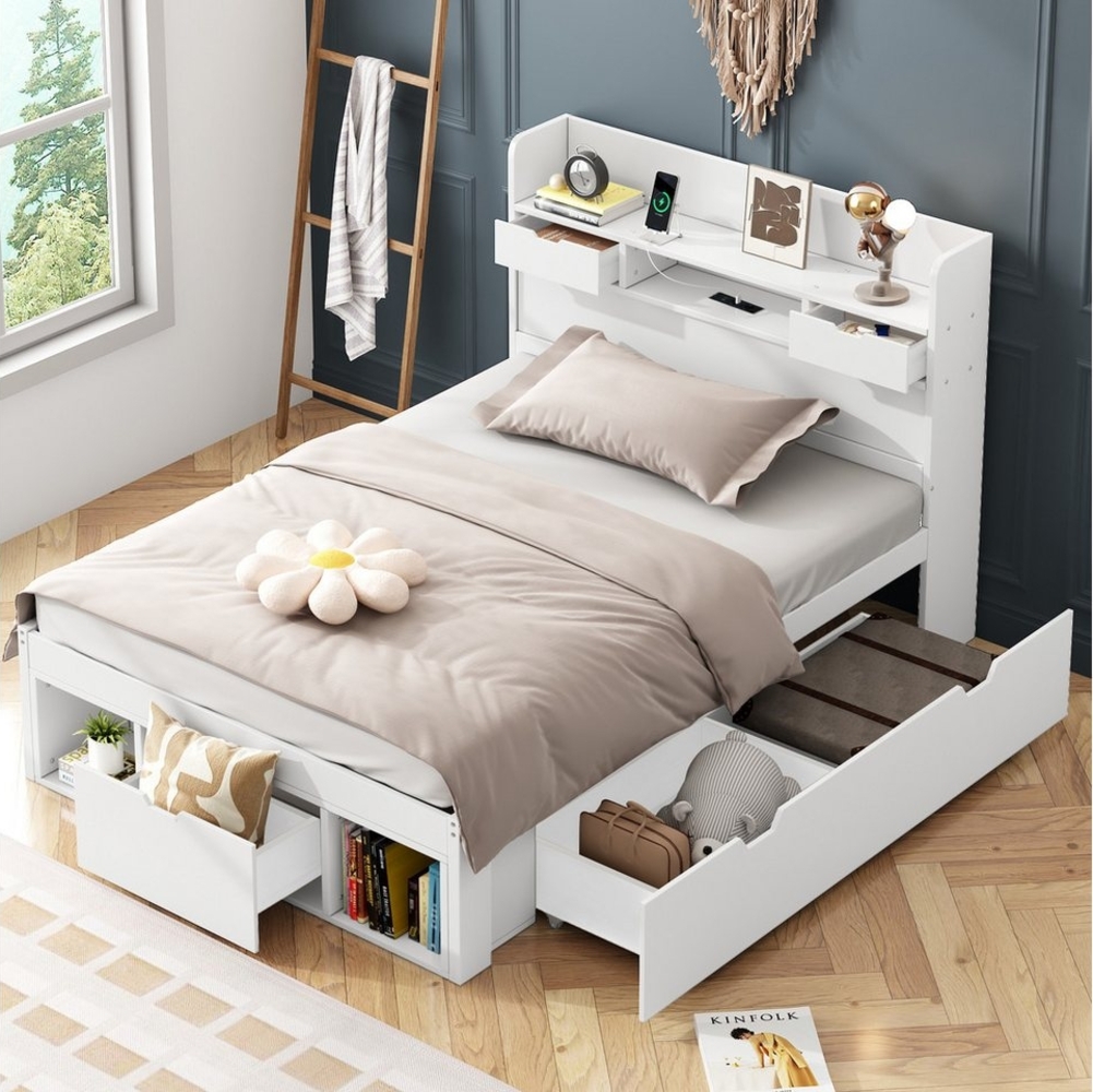 Ulife Holzbett Kinderbett Jugendbett, Multifunktionales Bett, 90x200cm (Ohne Matratze), mit USB-port, Schubladen und mit USB-port, Schubladen und Stauschrank Bild 1