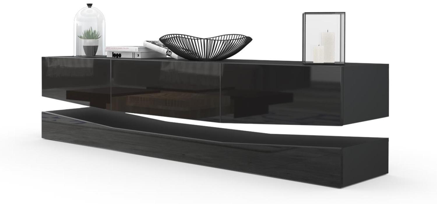 Vladon Lowboard City, TV-Kommode mit Sockelelement, 1 offenem Fach und 3 Schubkästen, Schwarz matt/Schwarz Hochglanz (178 x variabel x 39 cm) Bild 1