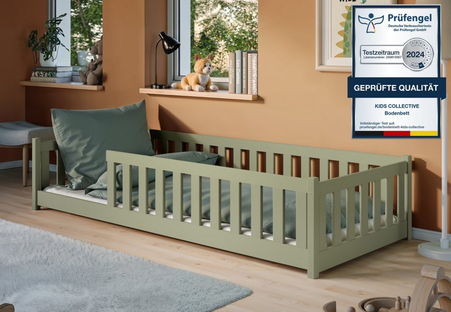 Kids Collective Kinderbett Bodenbett Bett mit Rausfallschutz & Lattenrost Montessori Bett Kinder (Jungen, Mädchen, Kinder, weitere Größen 80x160, 80x180, 90x200, 120x200, 140x200 cm), Jugendbett Einzelbett optional mit Matratze Olivgrün Kiefer 90x190 cm Bild 1