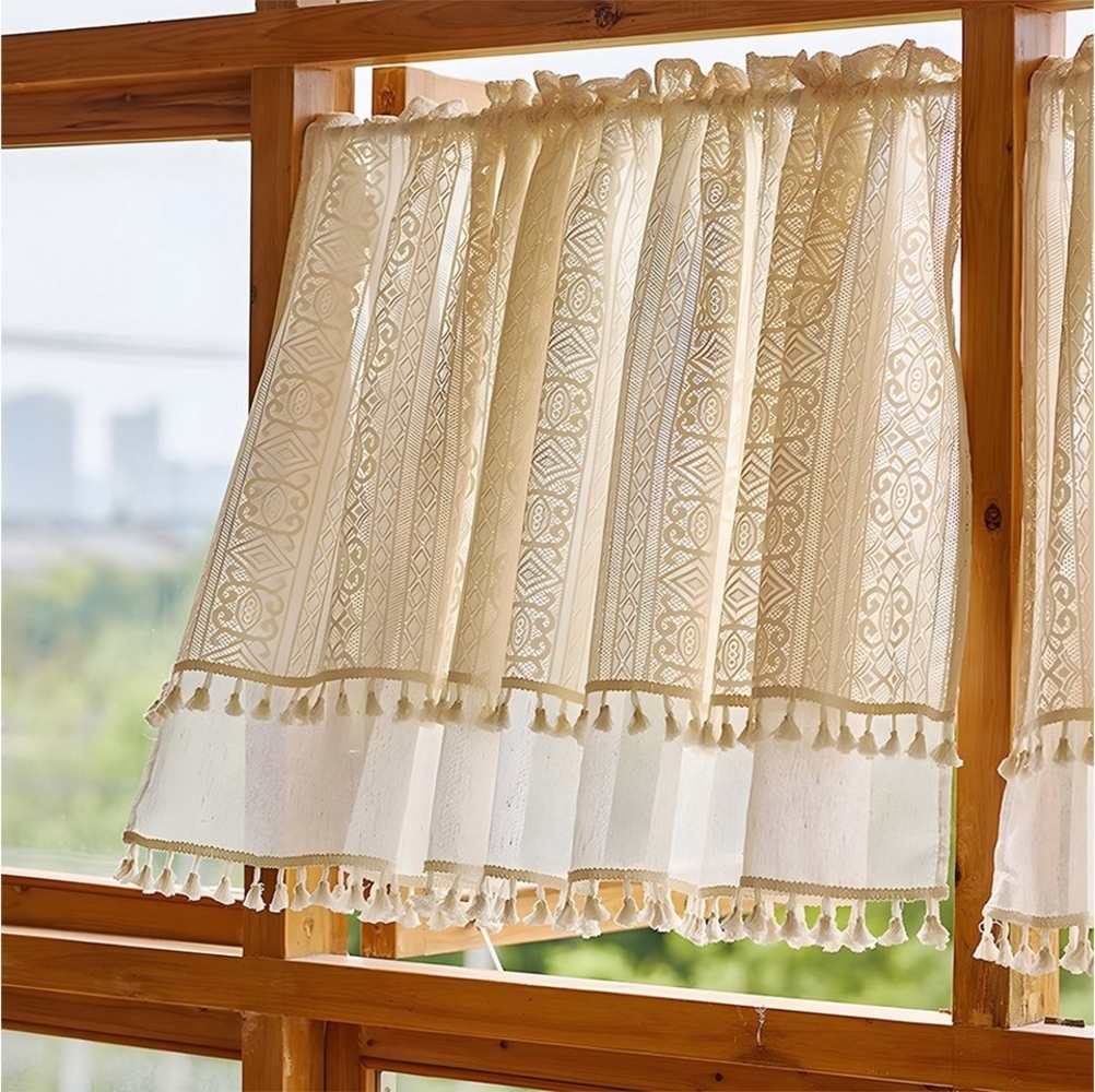 Sunicol Scheibengardine Vintage Quasten Boho gardinen kurz, Transparente Fenstervorhänge, (1 St), Voile Bistrogardine für Wohnzimmer Schlafzimmer Kinderzimmer Bild 1