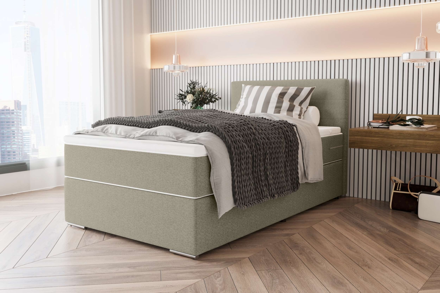 99rooms Phönix Mini Boxspringbett 100x200 cm Webstoff MALMO_NEW Beige Bild 1