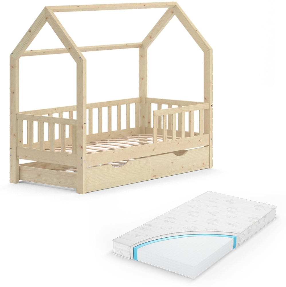 Hausbett Wiki Naturholz 80x160 cm mit Gästebett und Matratze Vitalispa Bild 1