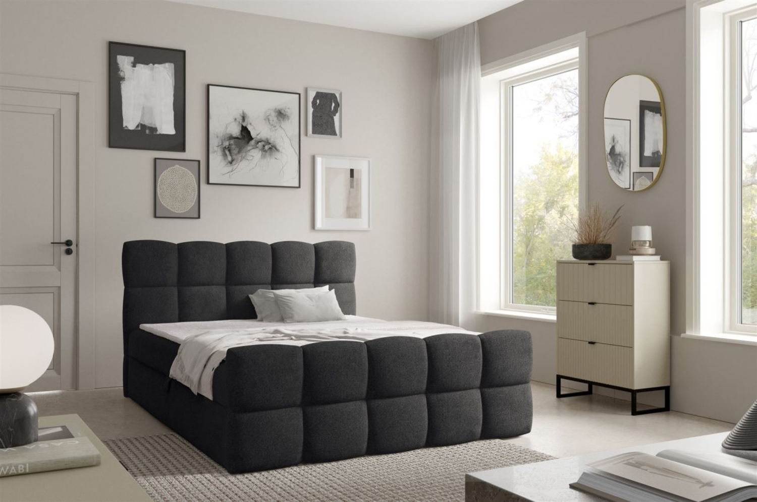 Boxspringbett Schlafzimmerbett SATINE PREMIUM 140x220cm Stoff Coral Schwarz Bild 1