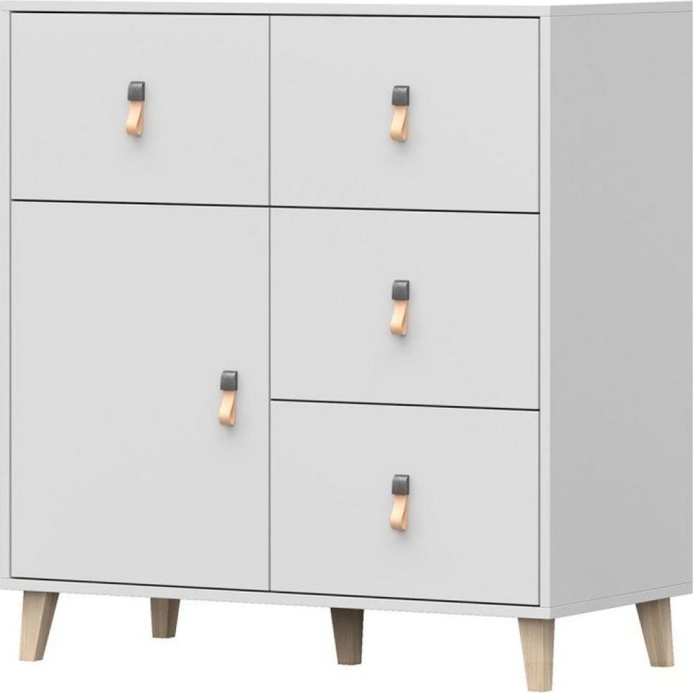 MOEBLO Kommode FAGO 4S1D 03 (Sideboard Wohnzimmer Kommode Schlafzimmer Komodenschrank Highboard, Griffe aus Leder, weiß), (B x H x T): 90x96,50x45 cm Bild 1