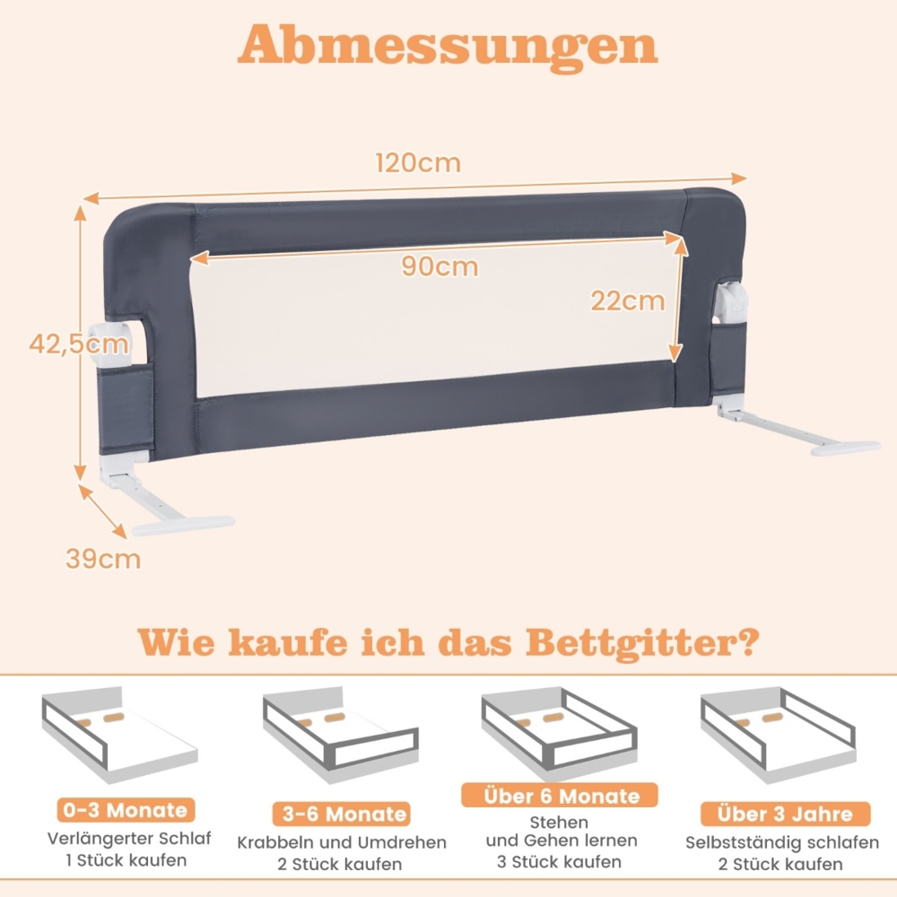 Klappbares Bettgitter mit Verstellbaren Riemen Bettschutzgitter 121 x 40,5 x 42 cm Grau Bild 1