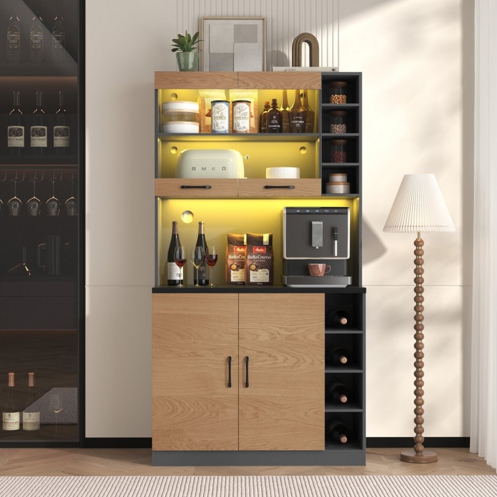 Ulife Küchenbuffet Küchenschrank, Buffet mit LED-Ambiente-Beleuchtung und Kabellöchern Küchen-Highboard aus Holz, viel Platz für Mikrowelle Bild 1