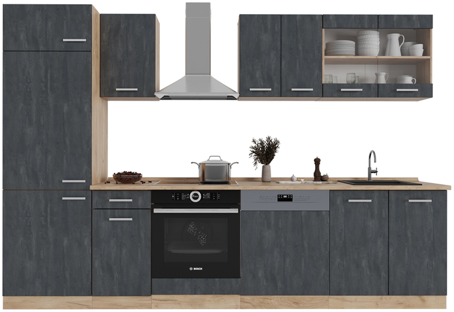 Küchenzeile R-Line Schwarz Beton/Goldkraft Eiche 300 cm AP Eiche Vicco Bild 1