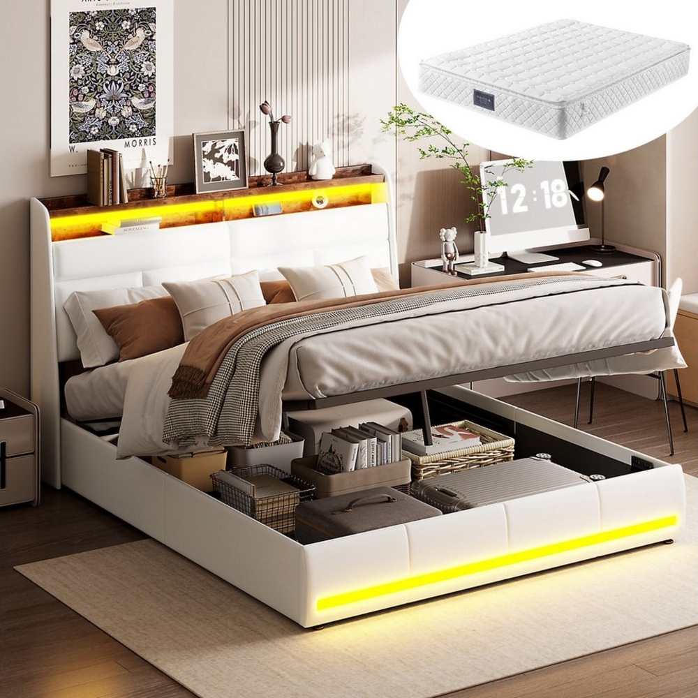 Furnishings Home Polsterbett LED Doppelbett Stauraumbett mit 7-Zonen Federkernmatratze, Mit LED-Beleuchtung, Regal-Kopfteil, Lattenrost,Kunstleder, 140x200 cm Bild 1