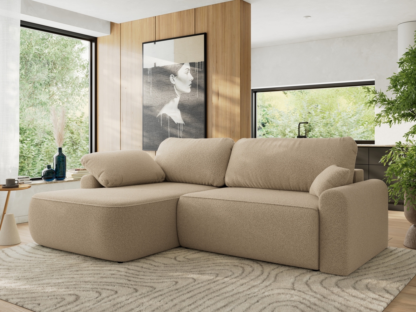 Ecksofa, L-förmiges, lose Kissen, DL-Schlaffunktion, (H 100 x T 187 x B 273 cm) - CUBO L - Boucle Hellbraun - linke Seite Bild 1