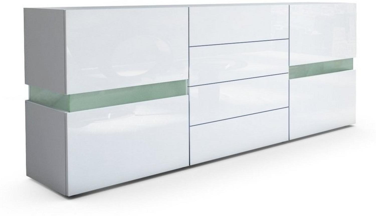 Vladon Sideboard Flow, Weiß matt/Weiß Hochglanz - Moderne Kommode mit Ambient Light Verglasung für Ihr Wohnbereich (177 x 75 x 39 cm) Bild 1