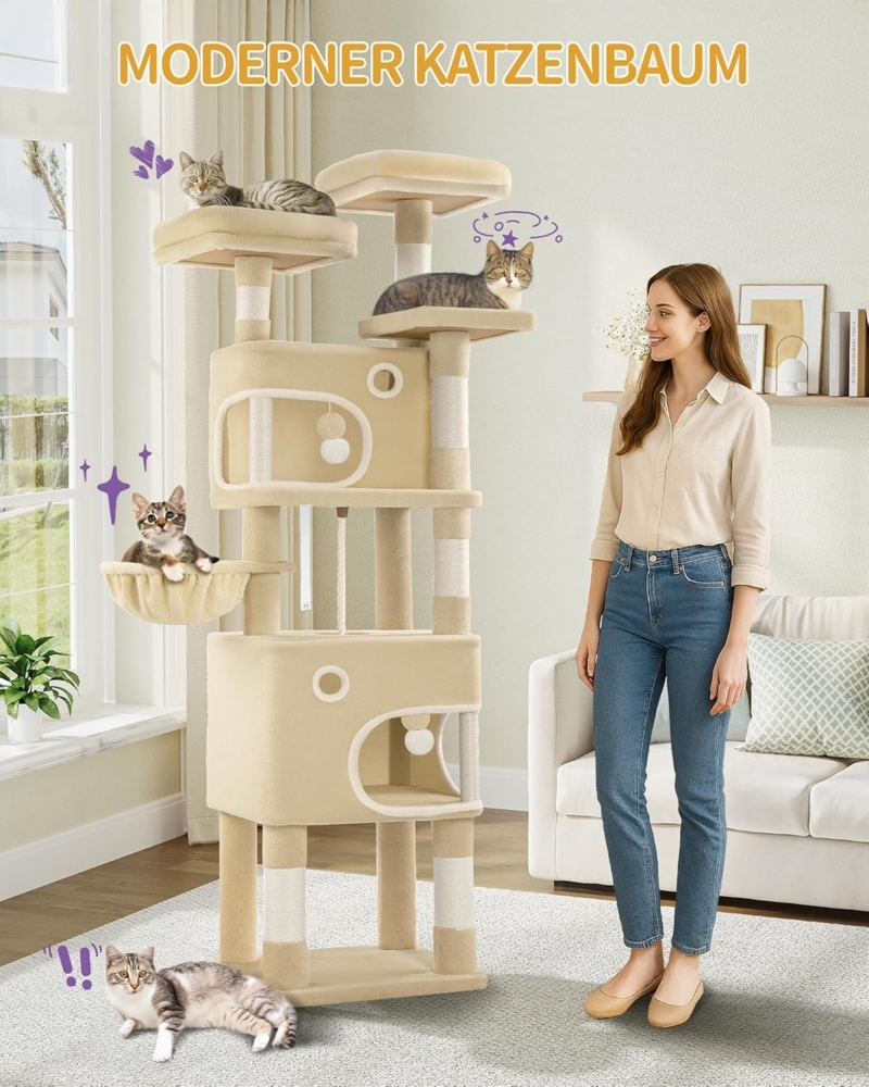 Kratzbaum, 180 cm Katzenbaum mit 8 Kratzsäulen, 3 Plattformen, 2 Höhlen, Korb, Plüschbälle, Sisalseil, Geeignet für Katzen Verschiedener Größen, Beige Bild 1