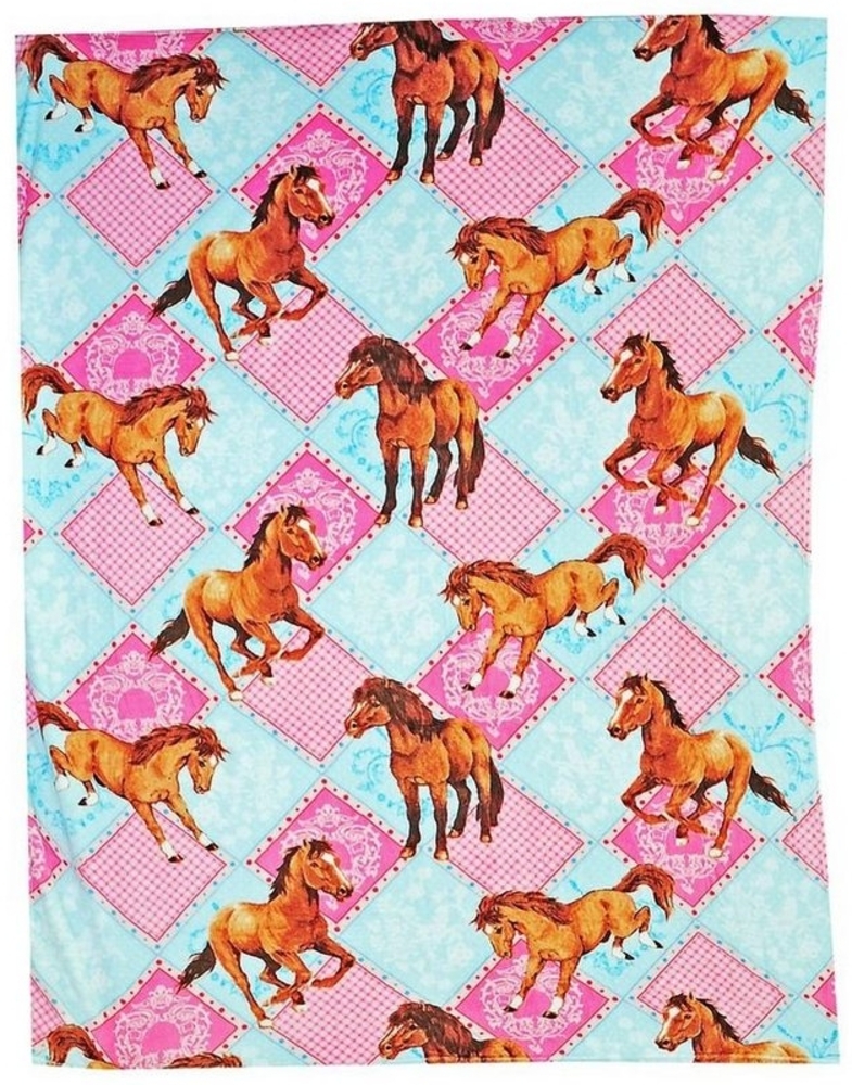 Kinderdecke Pferde Coral Fleecedecke 150x200cm Kuscheldecke Kinder Decke Fleece, JACK, Pony Rosa Hellblau kariert Bild 1