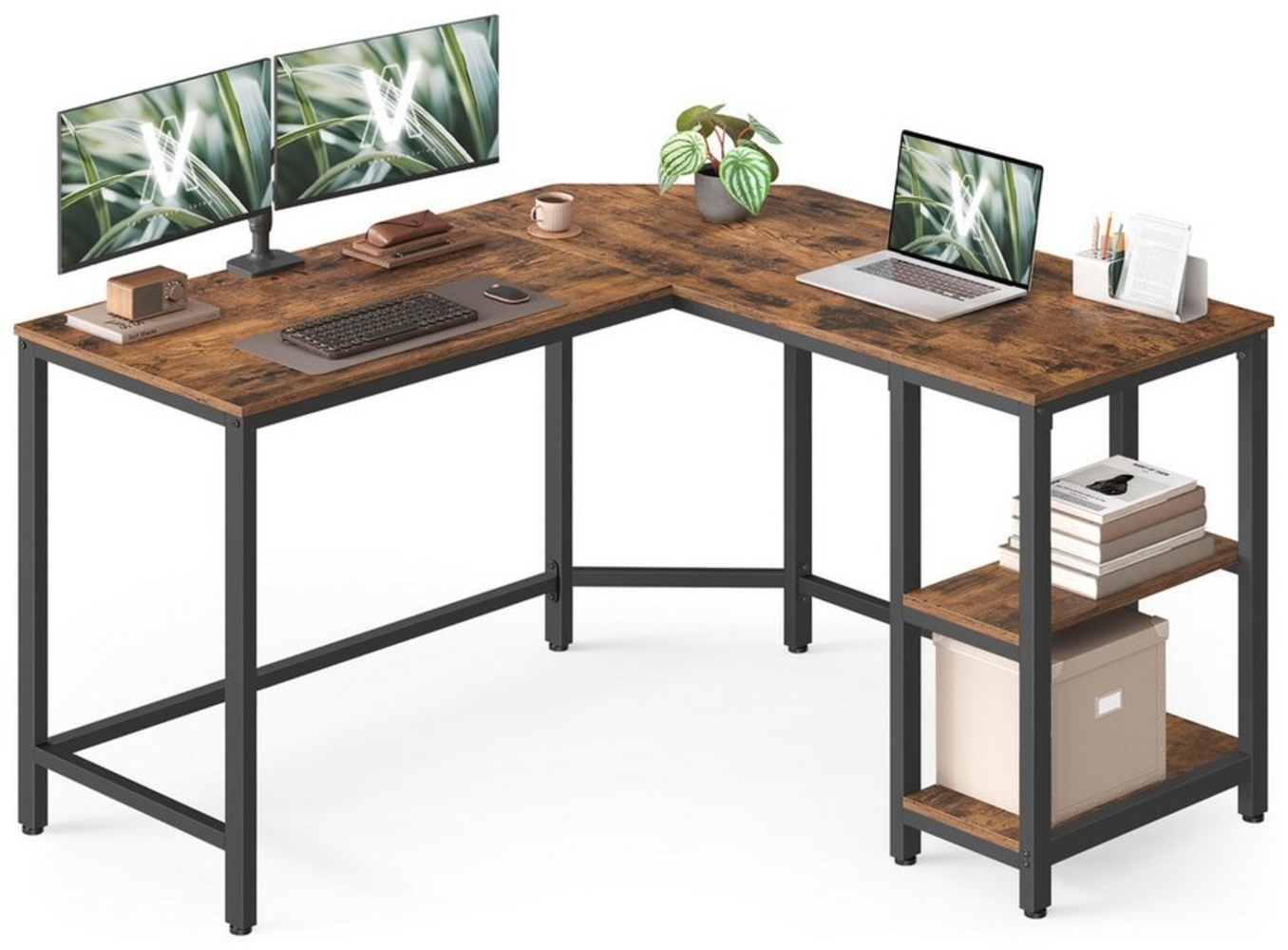 VASAGLE Schreibtisch, L-förmiger Computertisch, Eckschreibtisch mit 2 Ablagen, platzsparender Bürotisch, Gaming, Homeoffice, einfacher Aufbau, vintagebraun-tintenschwarz Bild 1