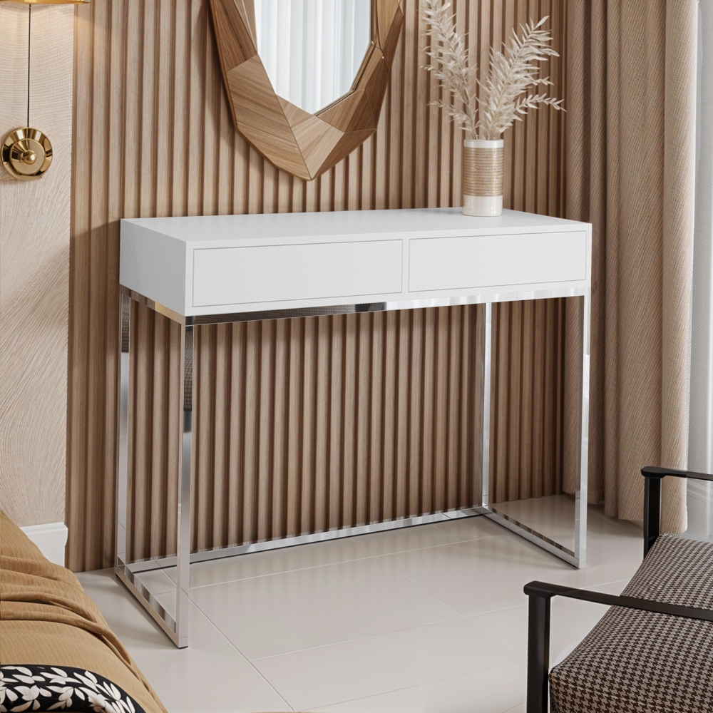 AX LIVING Schminktisch Weiß Lortie 100 cm mit Schubladen Chrom-Gestell Bild 1