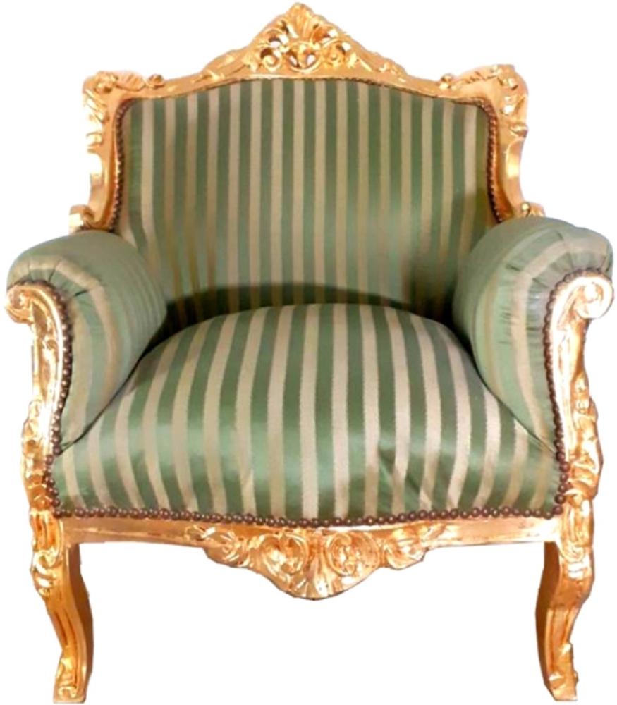 Casa Padrino Barock Sessel Lord Grüne Streifen / Gold 77 x 63 x H. 102 cm - Handgefertigter Wohnzimmer Sessel im Barockstil - Barock Möbel Bild 1