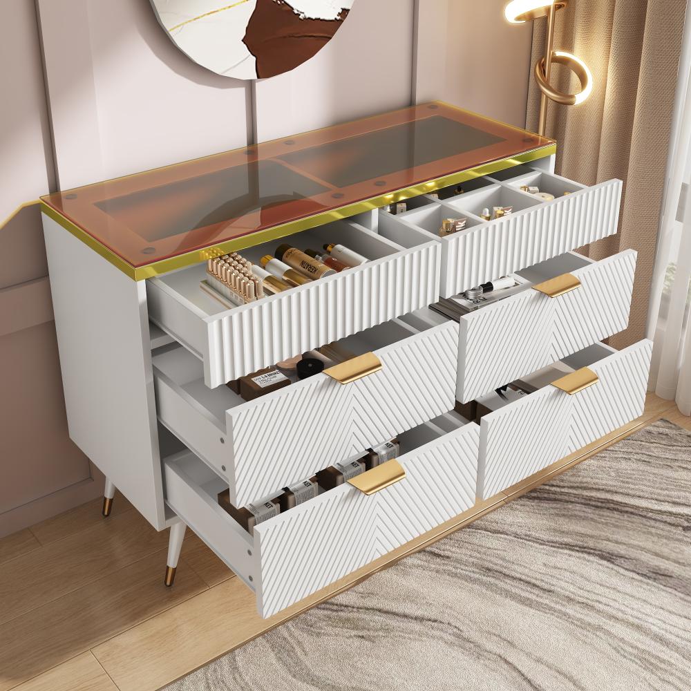 Merax Kommode Sideboard aus Bernstein Glas, Kommode mit 6 Schubladen, Facheinteilung, kippsicher, weiß, 120 x 40 x 76 cm Bild 1