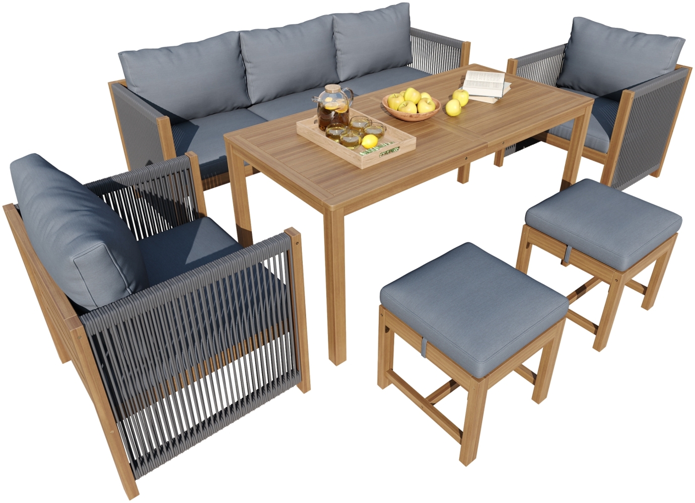 Merax Gartenlounge-Set 7-Sitzer Gartenmöbel Essgruppe Sitzgruppe Seil mit Akazienholz Tisch, grau Bild 1