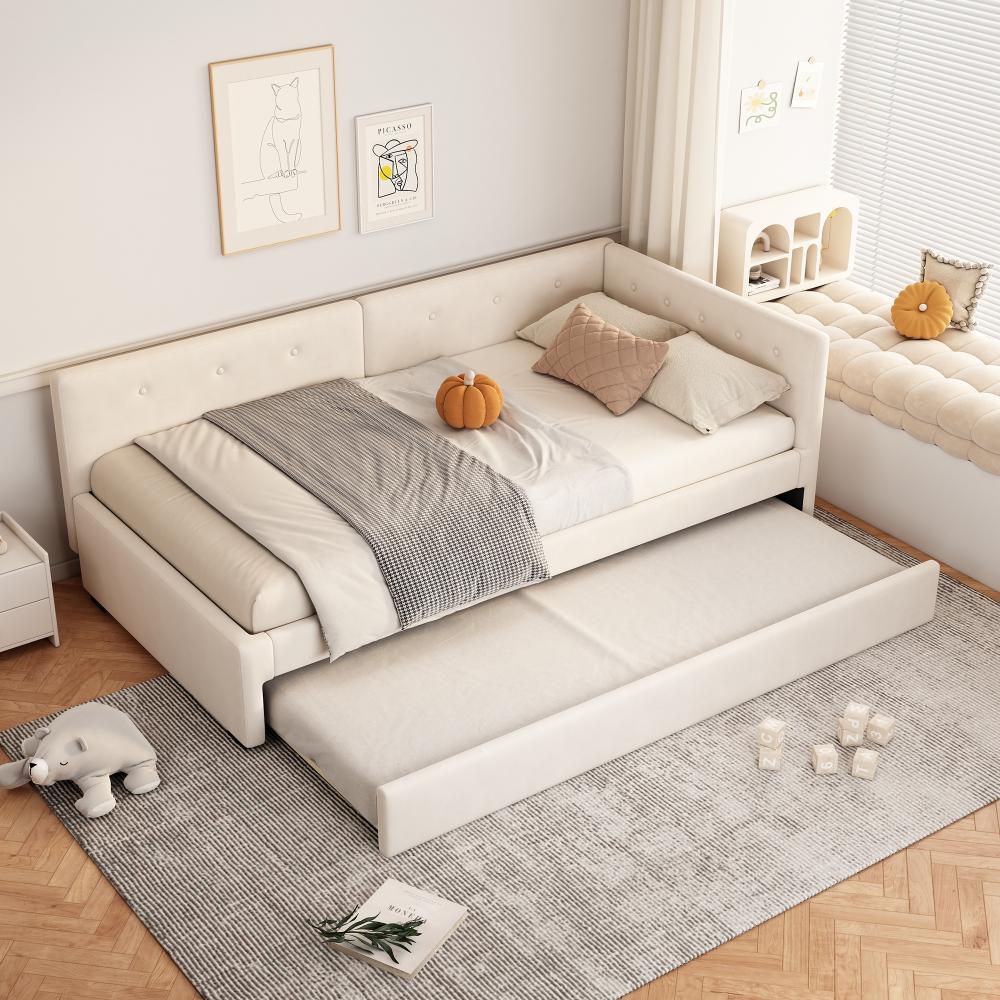 Merax Daybett, Tagesbett Schlafsofa Polsterbett 90x200cm mit Ausziehbett 90x190cm, beige Bild 1