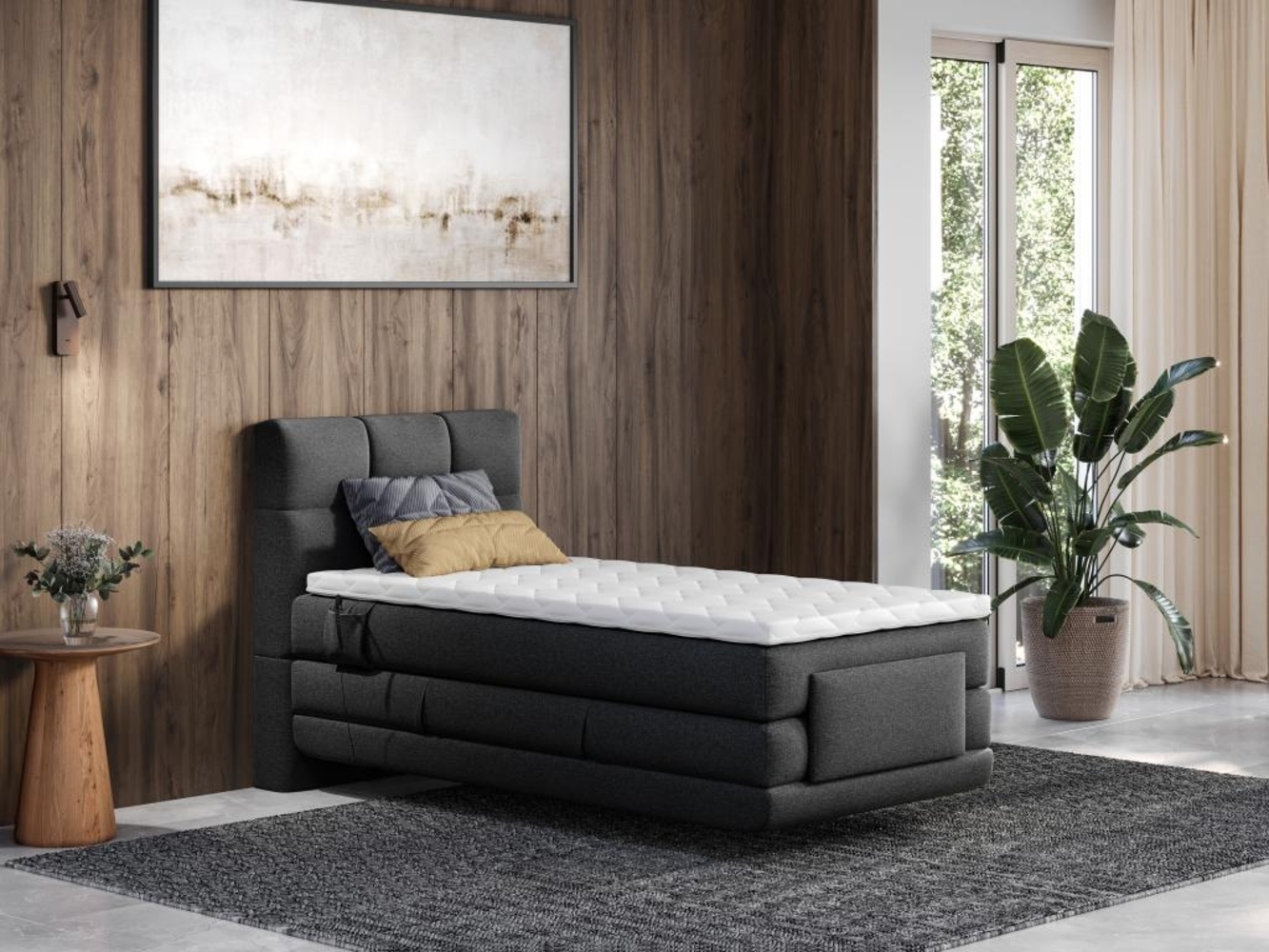 Vente-unique - Boxspringbett mit gestepptem Kopfteil + elektrischem Untergestell mit Relaxfunktion + Matratze + Topper - 100x200 cm - Stoff - Anthrazit - LODI von PALACIO Bild 1