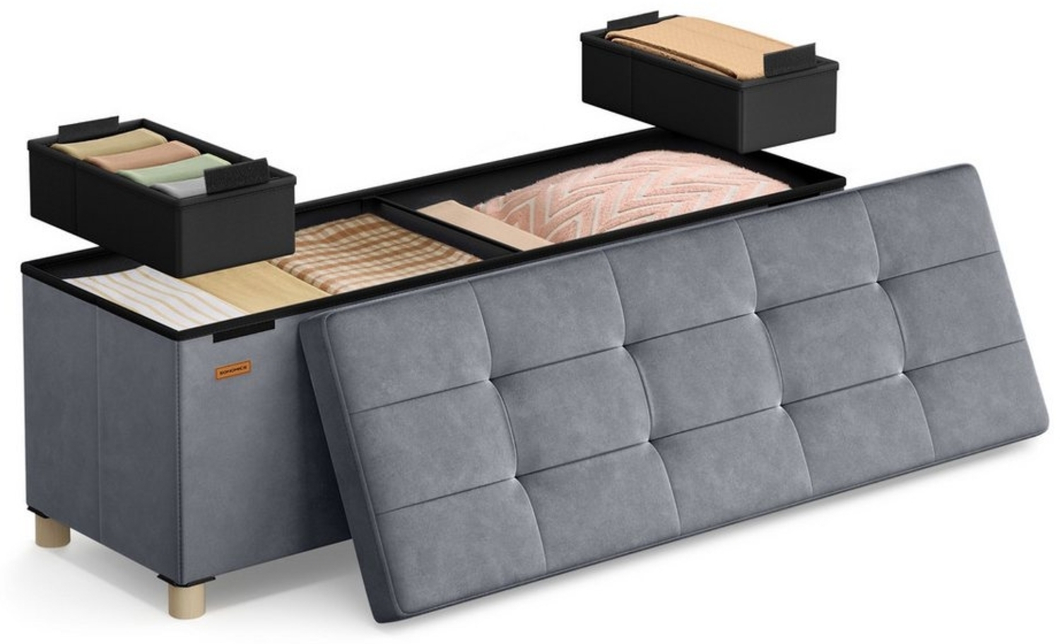 SONGMICS Sitzbank mit Stauraum, Hocker faltbar, 38 x 110 x 40 cm, Aufbewahrungsbox mit Deckel, Fußhocker 112 L, Samt, bis 300 kg belastbar, Flur Wohnzimmer Schlafzimmer Bild 1